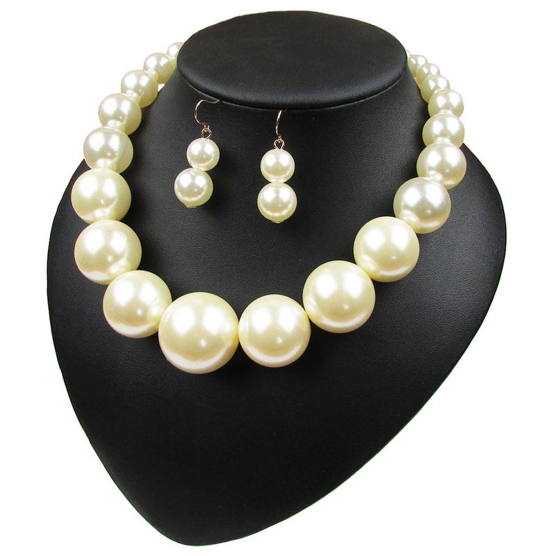 Yuhuan Womens Faux Big Pearl Choker Necklace and Earring Set Fashion Pearl Set - Image 5